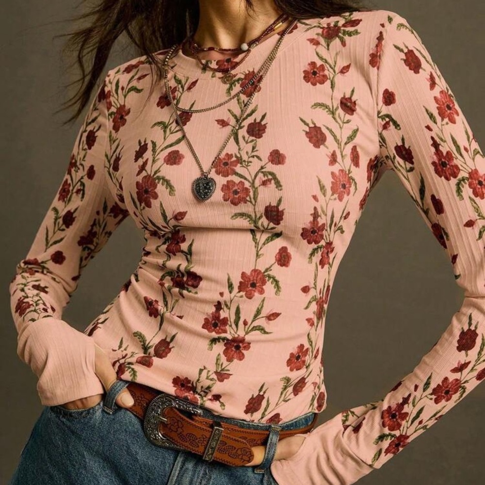 Boho Pink Floral Print Crew Neck Long Sleeve Thumbhole Top S M L